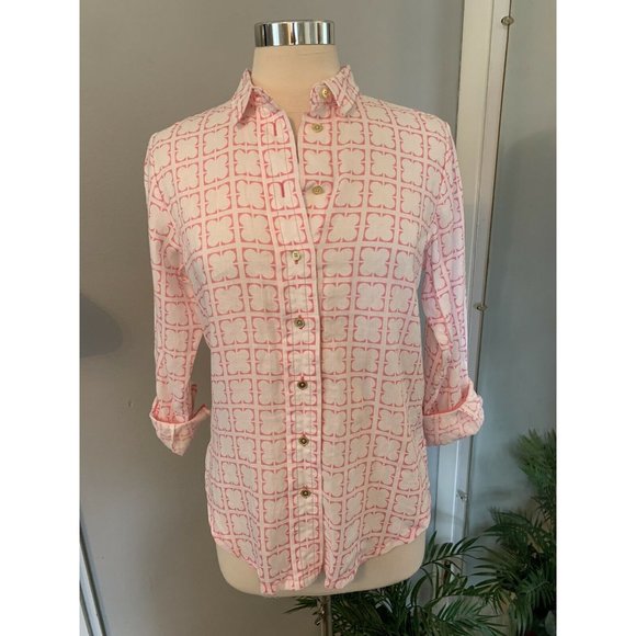 Women’s Linen pink & white clover leaf button up blouse PM M summer comfort Prep - Picture 3 of 12